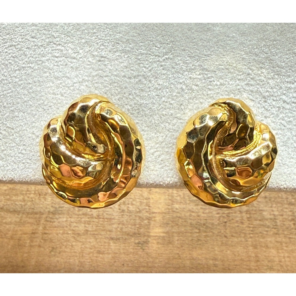 St. John Vintage Hammered Gold Tone Knot Clip On Earrings Statement Jewelry